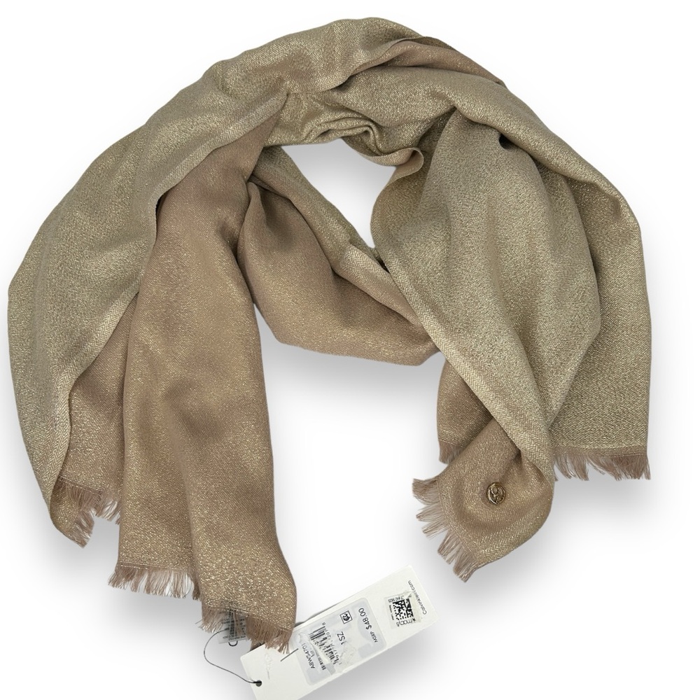 NWT Calvin Klein Tan & Gold Metallic Sheen Sparkle Scarf Rectangle NEW